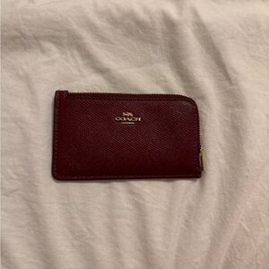 Coach red burgundy mini leather zip pouch card holder